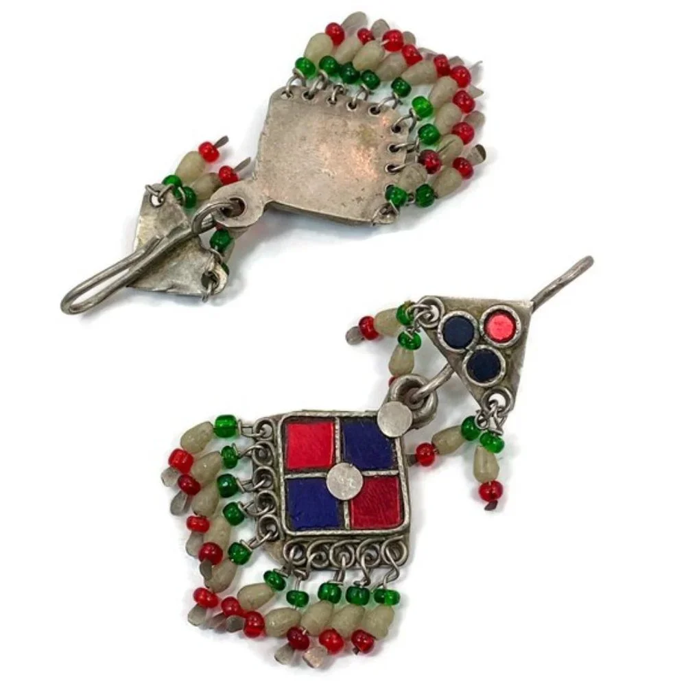 Gypsy Earring, Middle Eastern, Old Silver, Red, Blue Jewels, Glass, Kashmir